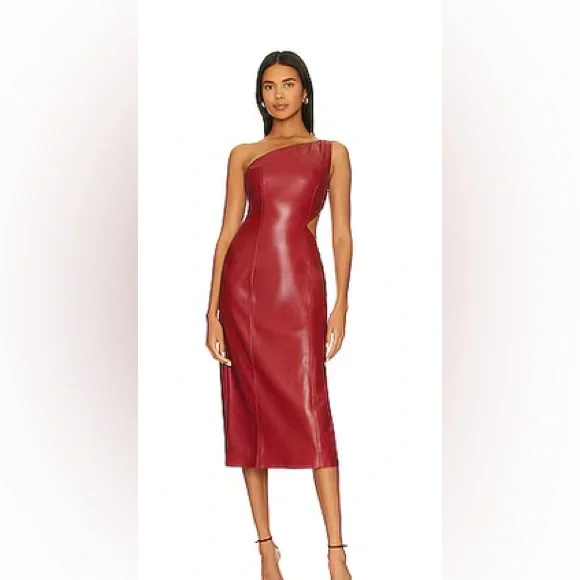 •House of Harlow 1960 •x REVOLVE •Bordeaux Faux Leather •Midi Dress Red •Size:S - Picture 1 of 9